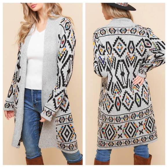 34 Aztec Print Sweater Jacket Long Cardigan - Picture 2 of 5